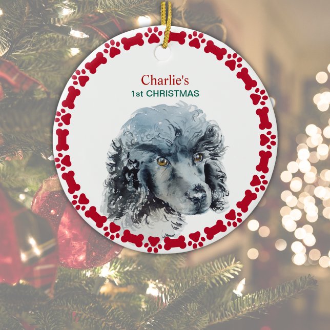 Adorno De Cerámica Navidades de acuarela personalizada de canapé en m (Add Dog's Name, and Year on reverse.  Change 1st Christmas to other text, if required, or delete.)