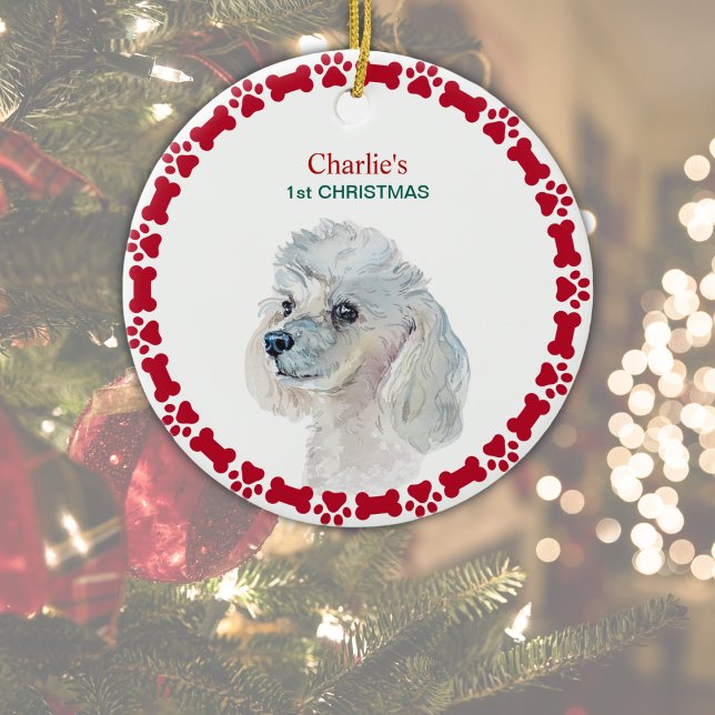 Adorno De Cerámica Navidades de acuarela personalizados de canapé bla (Customize with Dog's Name on front, Year on reverse.  Edit '1st Christmas' or delete if not wanted. )