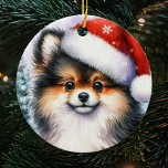 Adorno De Cerámica Navidades de acuarela Tri Color Pomeranian<br><div class="desc">Cute acuarela Tricolor Ornamento de Navidad Pomerano con tonos vintage y un árbol de Navidad en el fondo. El regalo perfecto para los amantes del pomerania que poseen una pom tricolor.</div>