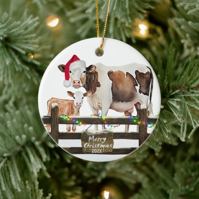Adorno De Cerámica Navidades De Acuarela Vaca Con Gorra (Árbol)
