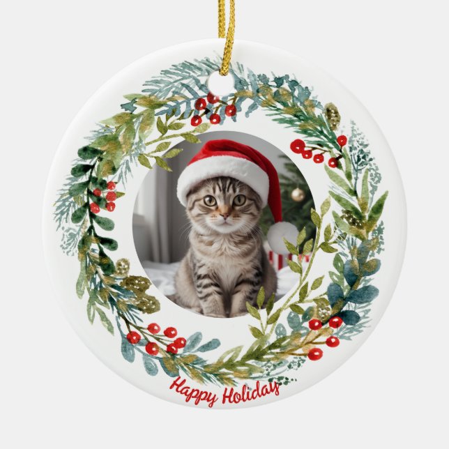 Adorno De Cerámica Navidades de acuarela Wreath Cute Kitty (Frente)