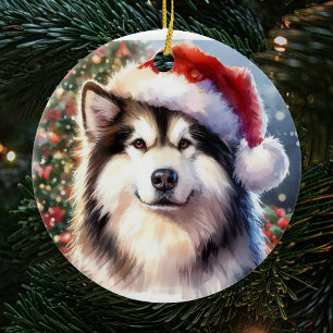 Adorno De Cerámica Navidades de aguas de Alaskan Malamute Santa Hat