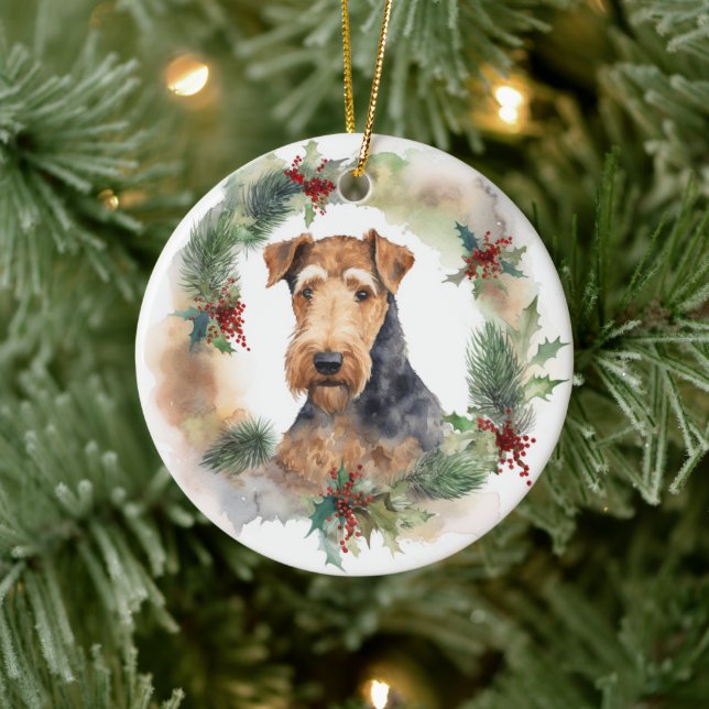 Adorno De Cerámica Navidades de Airedale Wreath Festive Pup (Árbol)