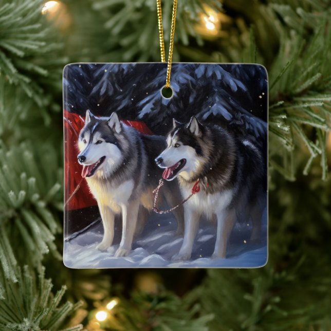 Adorno De Cerámica Navidades de Alaskan Malamute Snowy Sleigh Ride (Árbol)