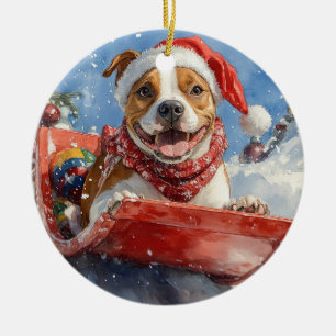Adorno De Cerámica Navidades de American Staffordshire en Sledge