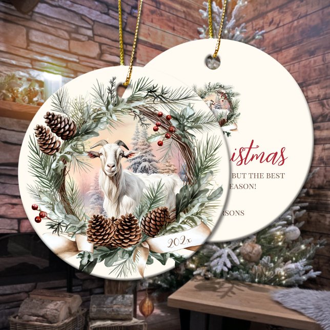 Adorno De Cerámica Navidades de animales de granja de cabras blancas  (White goat farm animal Christmas pinecone wreath Ceramic Ornament)