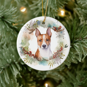 Adorno De Cerámica Navidades de Basenji Wreath Festive Pup