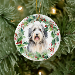 Adorno De Cerámica Navidades de Bearded Collie Holly Wreath
