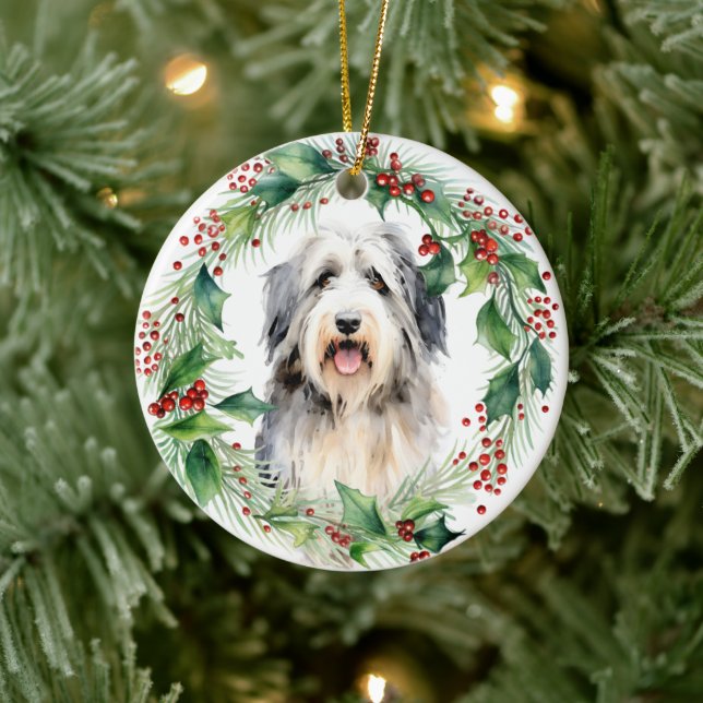 Adorno De Cerámica Navidades de Bearded Collie Holly Wreath (Árbol)