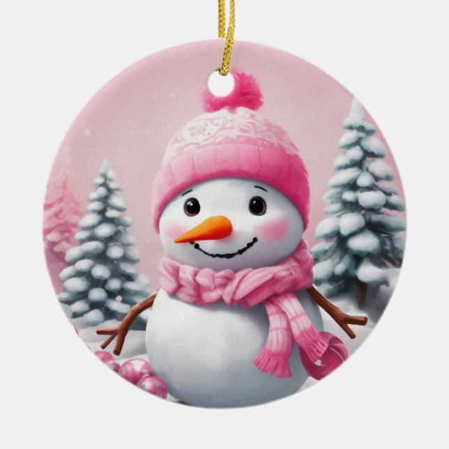 Adorno De Cerámica Navidades de bebé rosados personalizados Snowman (Frente)