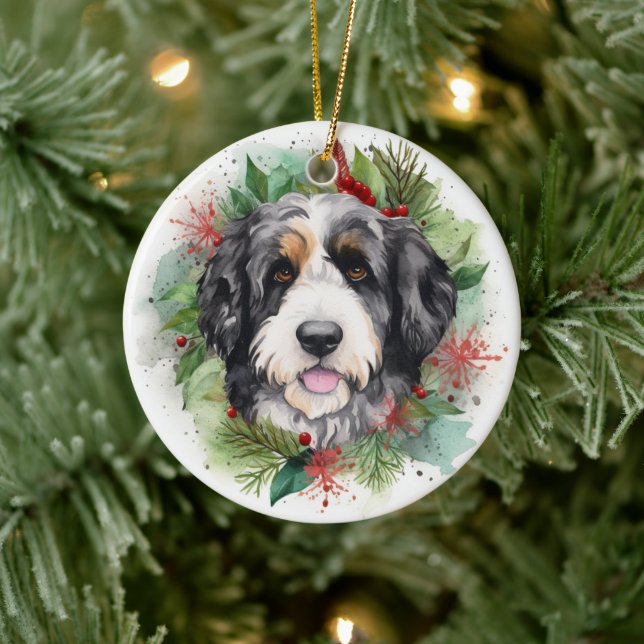 Adorno De Cerámica Navidades de Bernedoodle Wreath Pup festivo (Árbol)