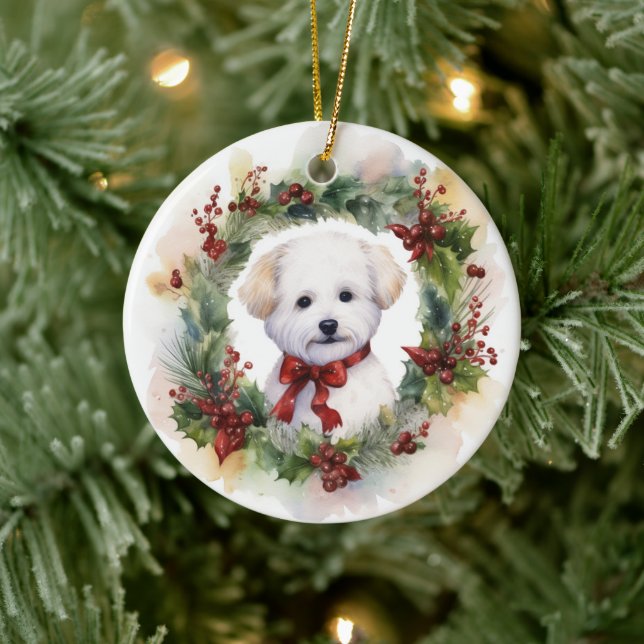 Adorno De Cerámica Navidades de Bichon Frise Wreath Festimes Pup (Árbol)
