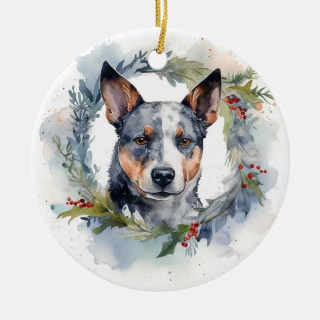 Adorno De Cerámica Navidades de Blue Heeler Wreath Festimes Pup (Frente)