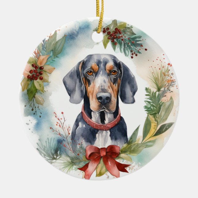 Adorno De Cerámica Navidades de Bluetick Coonhound Wreath Festix Pup (Frente)