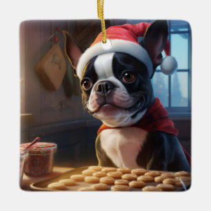 Adorno De Cerámica Navidades de Boston Terrier cocinan festividades