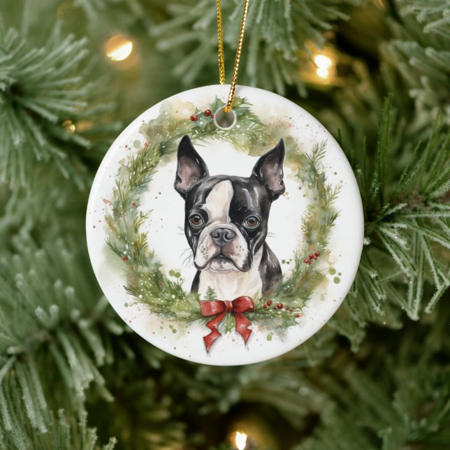Adorno De Cerámica Navidades de Boston Terrier en la fiesta (Árbol)