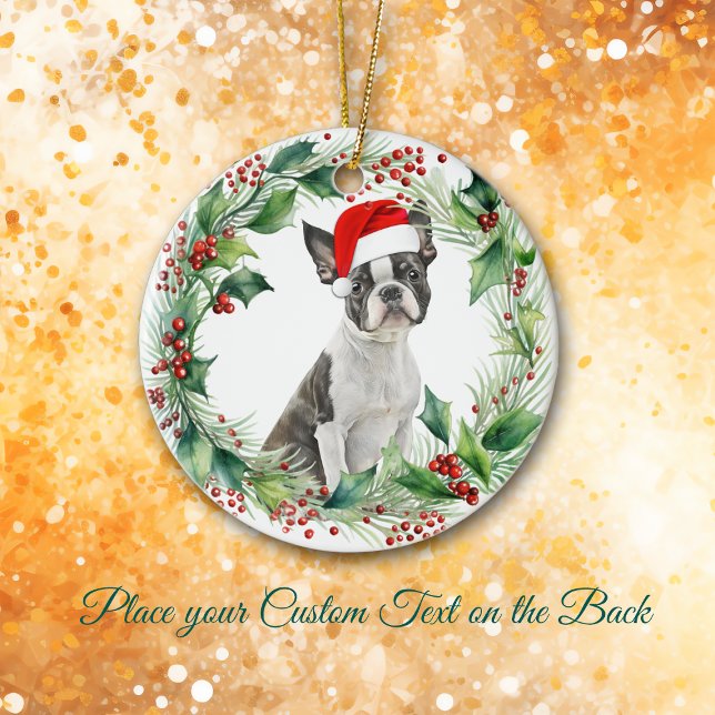 Adorno De Cerámica Navidades de Boston Terrier Puppy Holly Wreath (Subido por el creador)