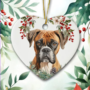 Adorno De Cerámica Navidades de Boxer Dog Holly Wreath