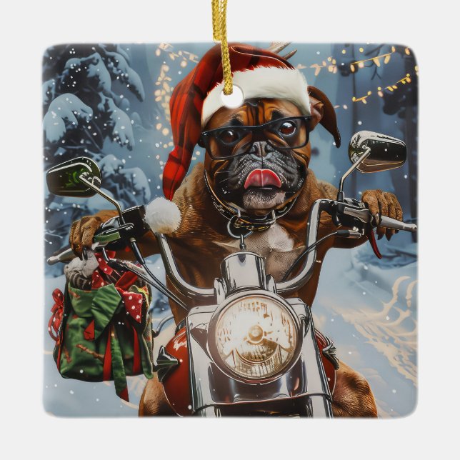 Adorno De Cerámica Navidades de Boxer Dog Riding en motocicleta (Anverso)