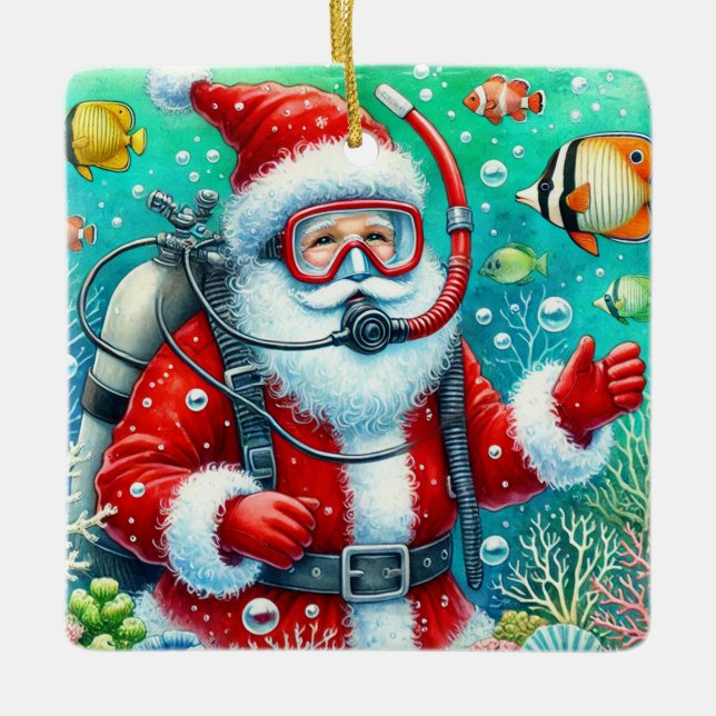 Adorno De Cerámica Navidades de buceo personalizados de Santa Scuba (Anverso)