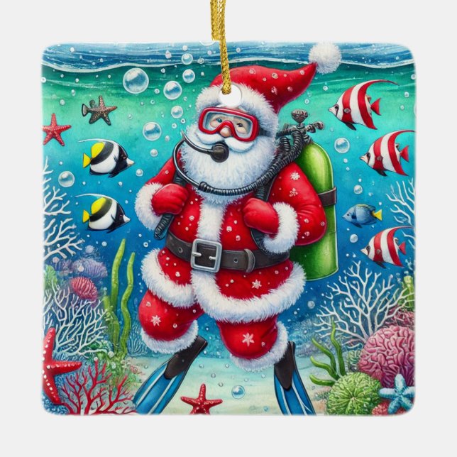 Adorno De Cerámica Navidades de buceo personalizados de Santa Scuba (Anverso)