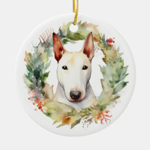 Adorno De Cerámica Navidades de Bull Terrier Wreath Pup festivo