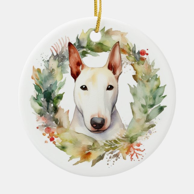 Adorno De Cerámica Navidades de Bull Terrier Wreath Pup festivo (Frente)