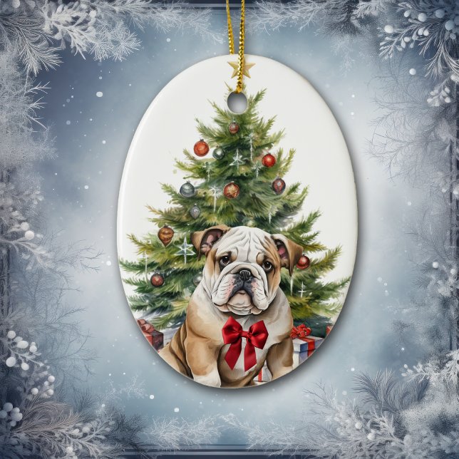 Adorno De Cerámica Navidades de Bulldog Adorable de Bow Rojo (Subido por el creador)