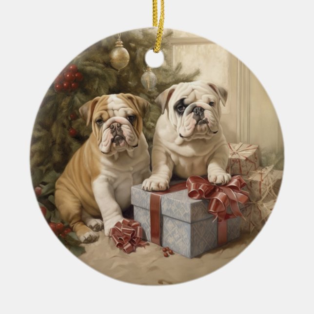 Adorno De Cerámica Navidades de Bulldog de época (Frente)