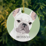 Adorno De Cerámica Navidades de Bulldog de Francia blanca<br><div class="desc">Ornamento de navidad de bulldog francés inspirado en el arte pop de Guay con un perro francés blanco sobre un fondo verde pastel que se puede cambiar a cualquier color,  añade el nombre de tus mascotas.</div>