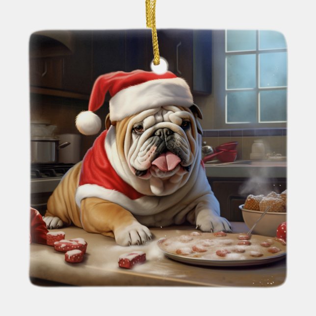 Adorno De Cerámica Navidades de Bulldog ingleses celebran vacaciones (Anverso)