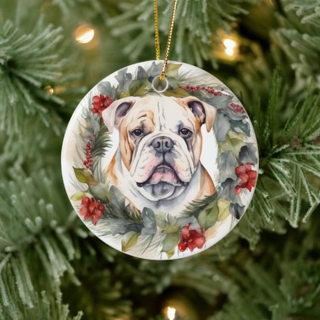Adorno De Cerámica Navidades de bulldog Wreath Festive Pup (Árbol)