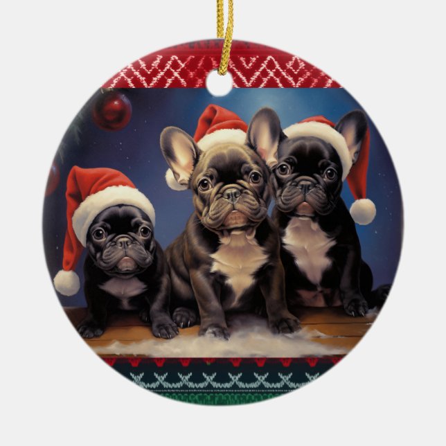 Adorno De Cerámica Navidades de cachorros de Bulldog de Francia (Frente)