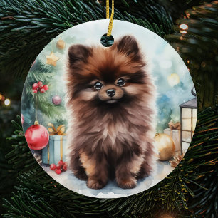 Adorno De Cerámica Navidades de cachorros panomeranos de chocolate