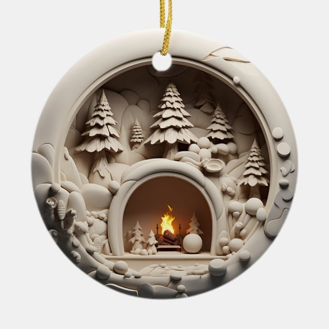Adorno De Cerámica Navidades de camarote acogedores con chimenea (Frente)