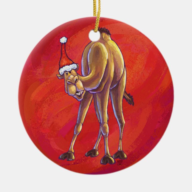 Adorno De Cerámica Navidades De Camellos Cuidados En Rojo (Frente)