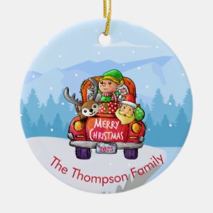 Adorno De Cerámica Navidades de Camión Rojo Nievan reno de Santa Elf