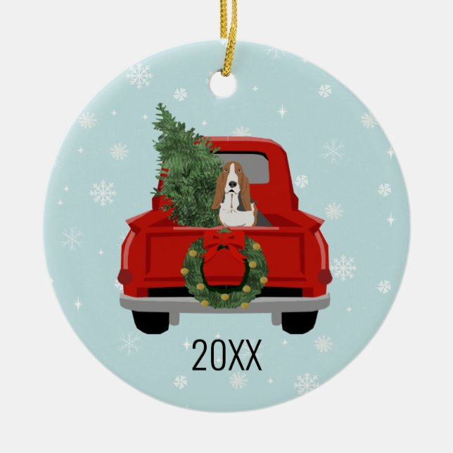 Adorno De Cerámica Navidades de camiones rojos de Basset Hound (Frente)