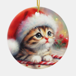 Adorno De Cerámica Navidades de Candy Cane Tabby Kitten