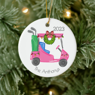 Adorno De Cerámica Navidades de carritos de golf rosados personalizad