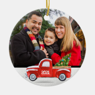 Adorno De Cerámica Navidades de Ce de Camión Rojo de Foto Familiar pe