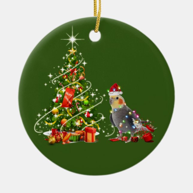 Adorno De Cerámica Navidades De Cockatiel Con Gorra Scaft (Frente)