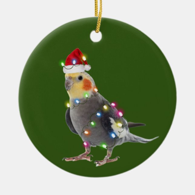 Adorno De Cerámica Navidades De Cockatiel Con Luces Gorras (Frente)
