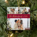 Adorno De Cerámica Navidades de Collage de fotos de la familia Red Go<br><div class="desc">Moderno y elegante caligrafía de color rojo y dorado 3 Collage de fotos de la familia Merry Christmas Script Ornament de cerámica. Este festivo, minimalista y caprichoso festival de tres fotos Ornament presenta un collage de fotos de la bonito y el nombre de la familia y el año. El nombre...</div>
