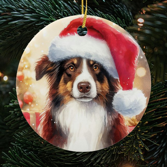 Adorno De Cerámica Navidades de Collie Santa Hat en el borde marrón (Subido por el creador)