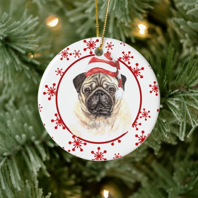 Adorno De Cerámica Navidades de copos de nieve rojos Pug Santa Hat (Árbol)