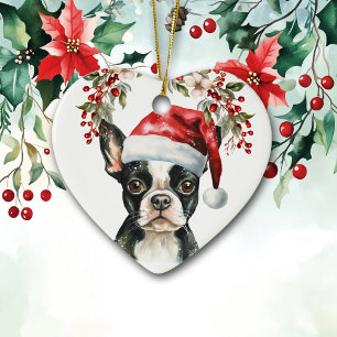 Adorno De Cerámica Navidades de Cute Boston Terrier Dog Holly Berry