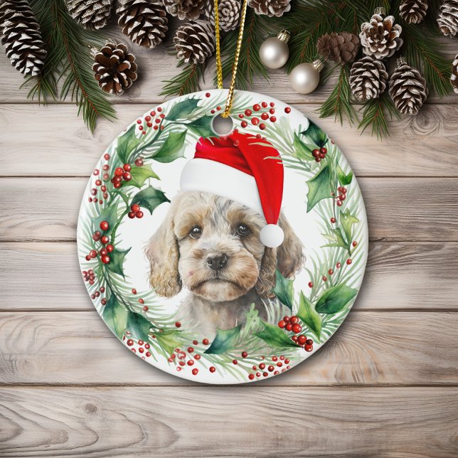 Adorno De Cerámica Navidades de Cute Cockapoo Puppy Holly Wreath (Subido por el creador)
