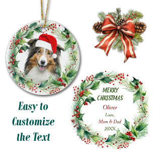 Adorno De Cerámica Navidades de Cute Shetland Sheepdog Holly Wreath