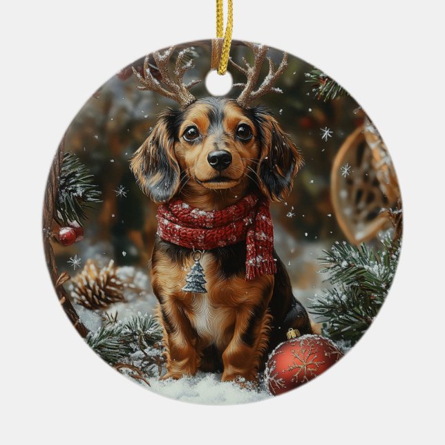 Adorno De Cerámica Navidades de Dachshund (Frente)